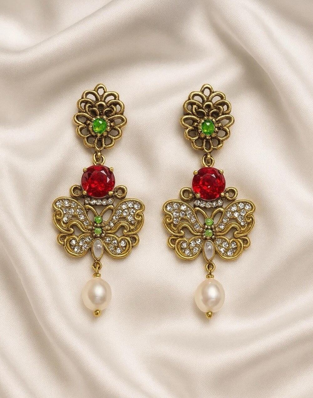 Butterfly Flower Earrings Medieval Palace Filigree Gold Pearl Revival CZ VTG